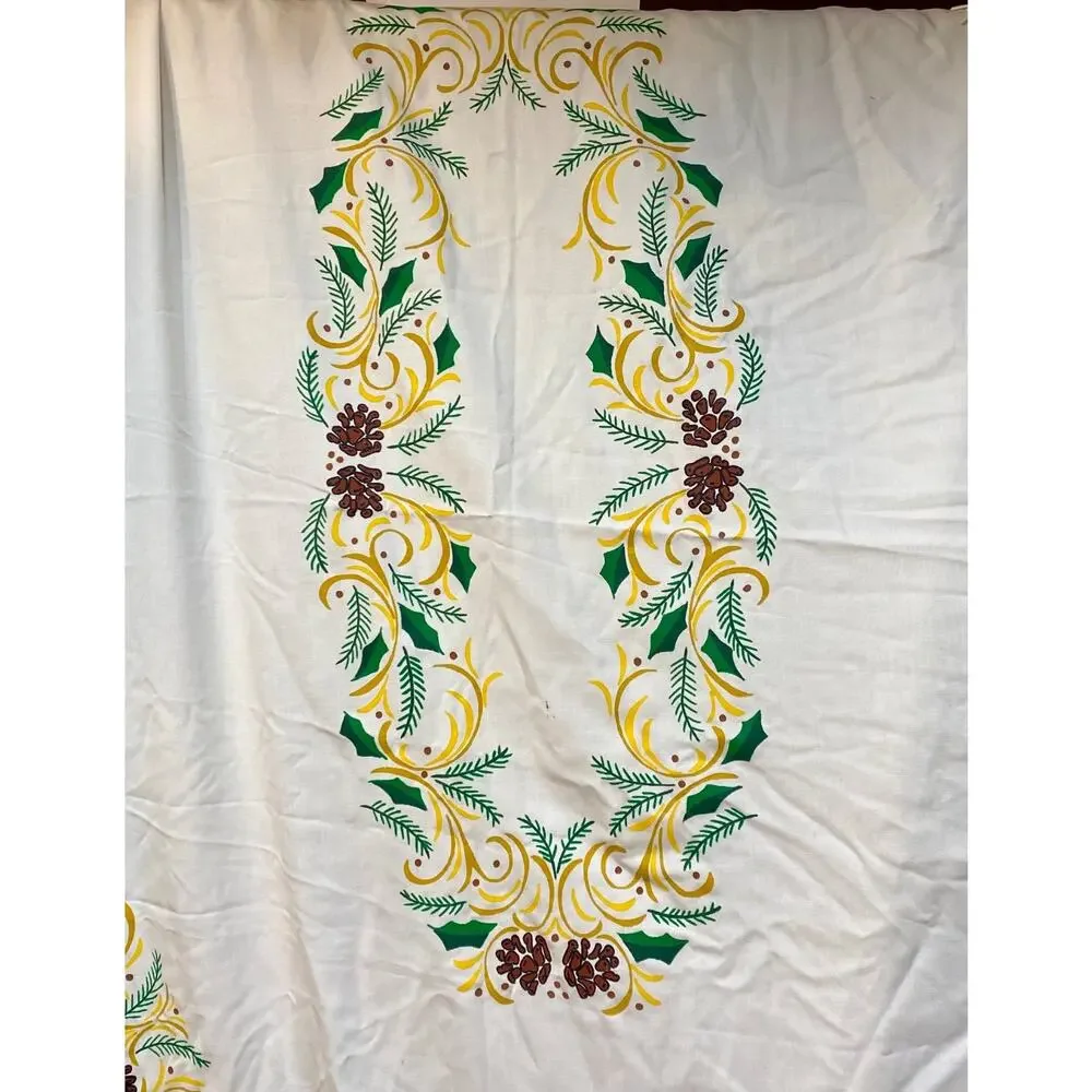 Vintage Christmas Tablecloth Oval Fringe MCM 76”x60 Candles Pinecones Holly